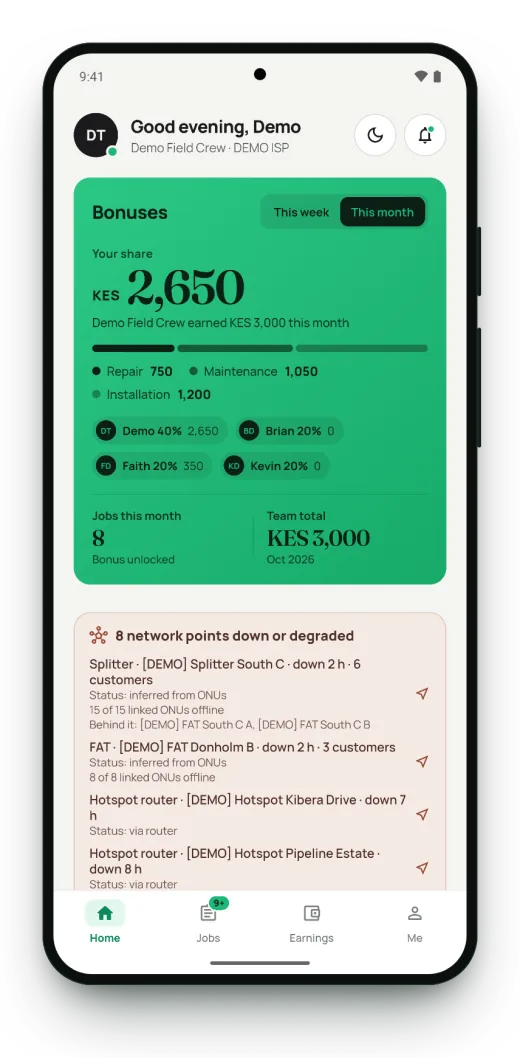 Surf Crew technician app home screen showing the crew bonus, jobs this month and network points that are down (demo data).