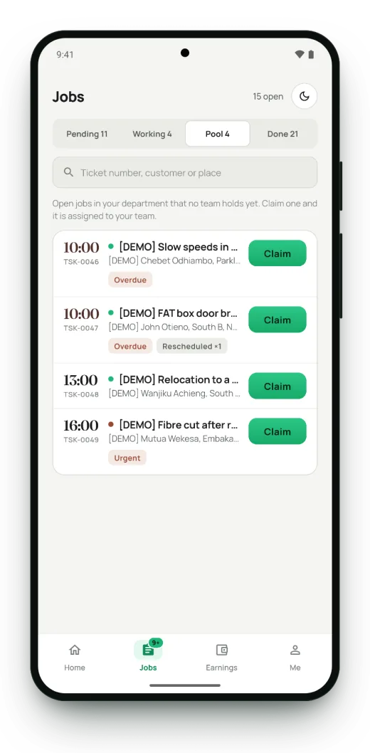 Surf Crew open job pool with claim buttons (demo data).