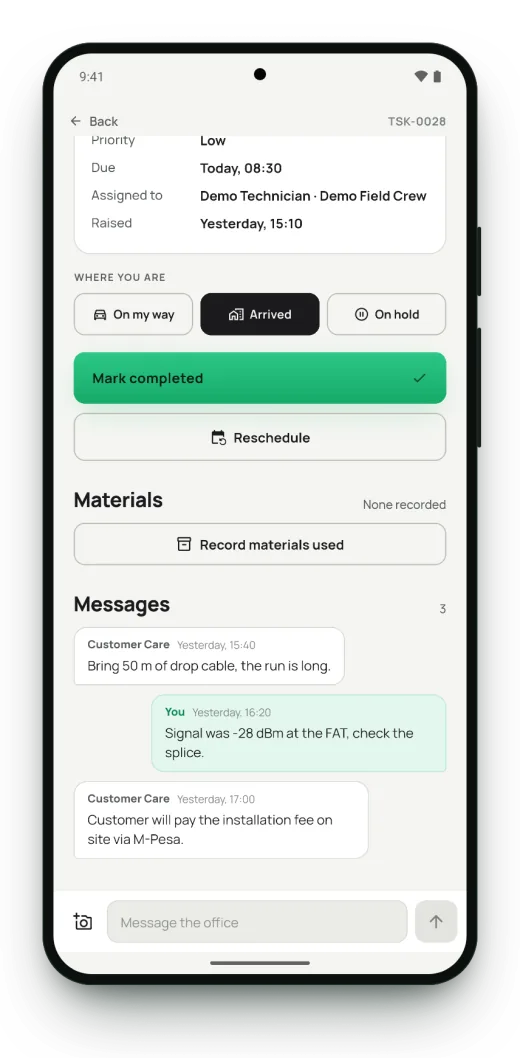 Surf Crew job actions: on my way, arrived, on hold, mark completed and record materials (demo data).