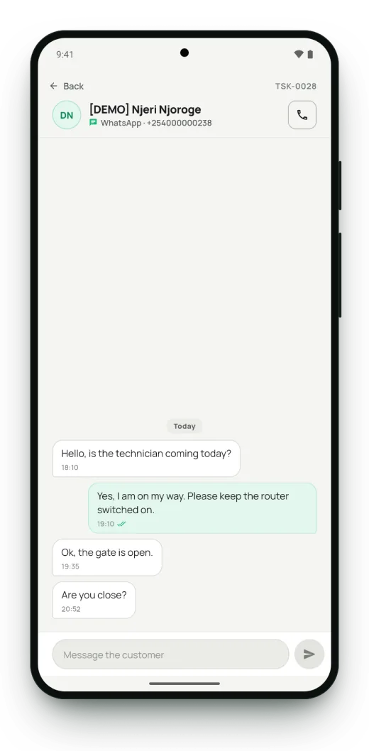 Surf Crew WhatsApp chat with a customer inside a job (demo data).
