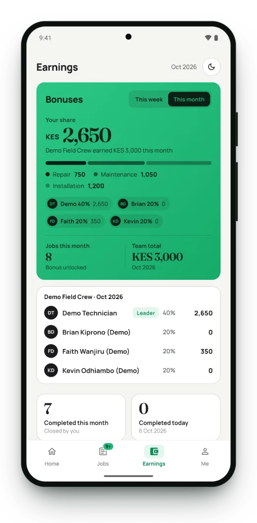 Surf Crew earnings screen showing the technician’s bonus share and crew total (demo data).