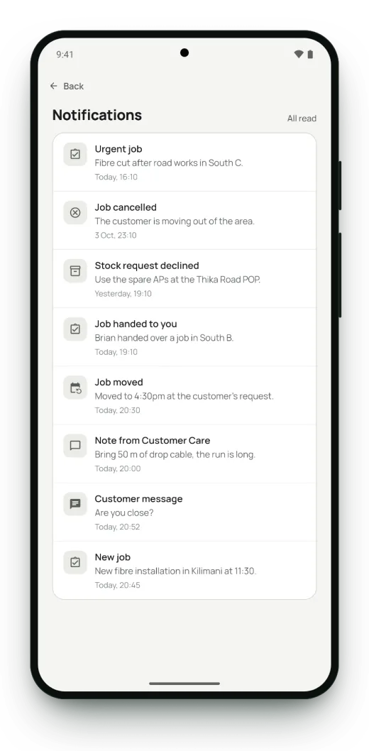 Surf Crew notifications for new jobs, office notes and stock answers (demo data).