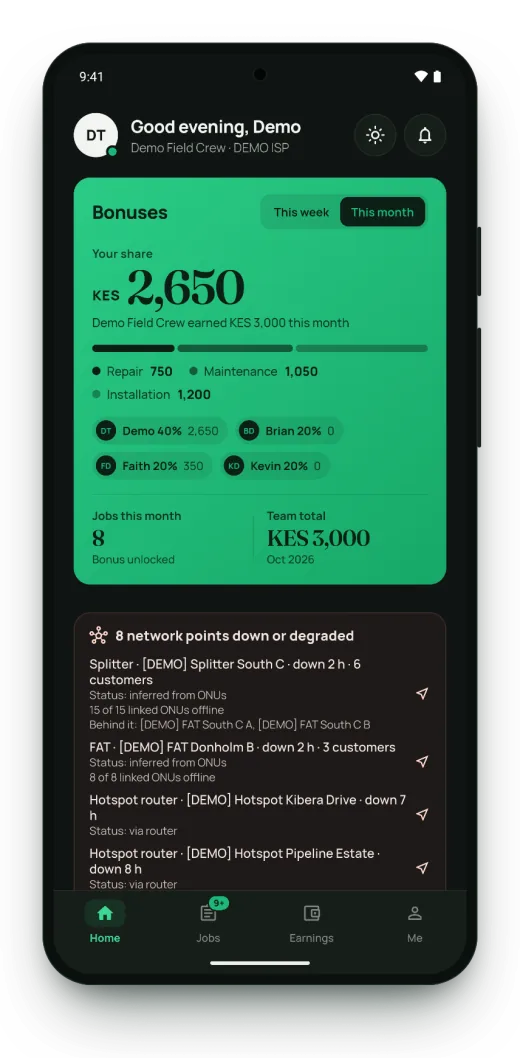 Surf Crew home screen in dark mode (demo data).